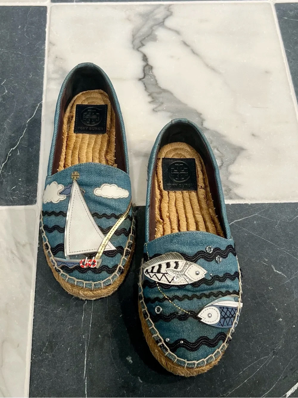 Tory Burch Blue Denim Nautical Espadrilles with Sailboat & Fish Appliqué